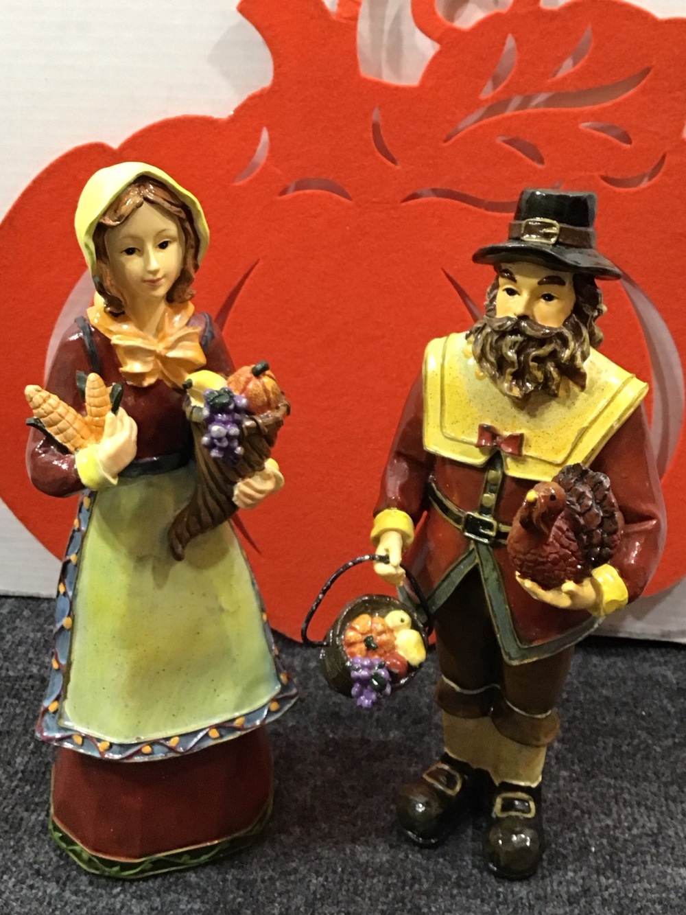 Folk Art Harvest Pilgrim Couple Figurines 13” resin bright colors